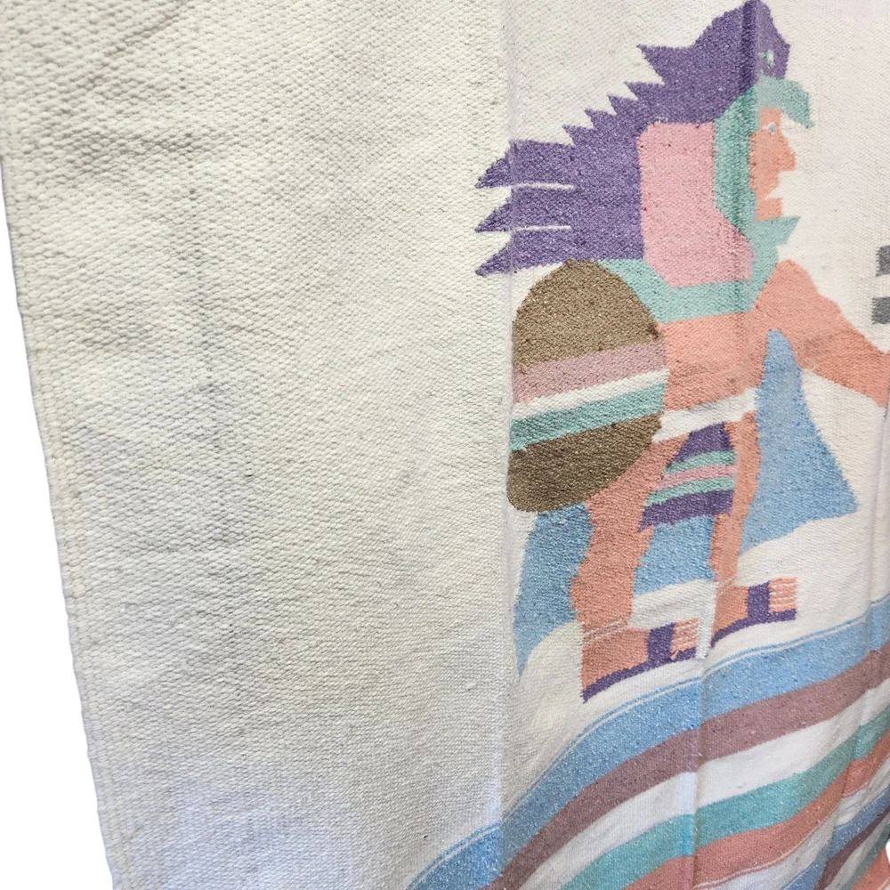 Vintage Pastel Striped Aztec Warrior Blanket Rug Wool Mexican Throw Saddle Boho